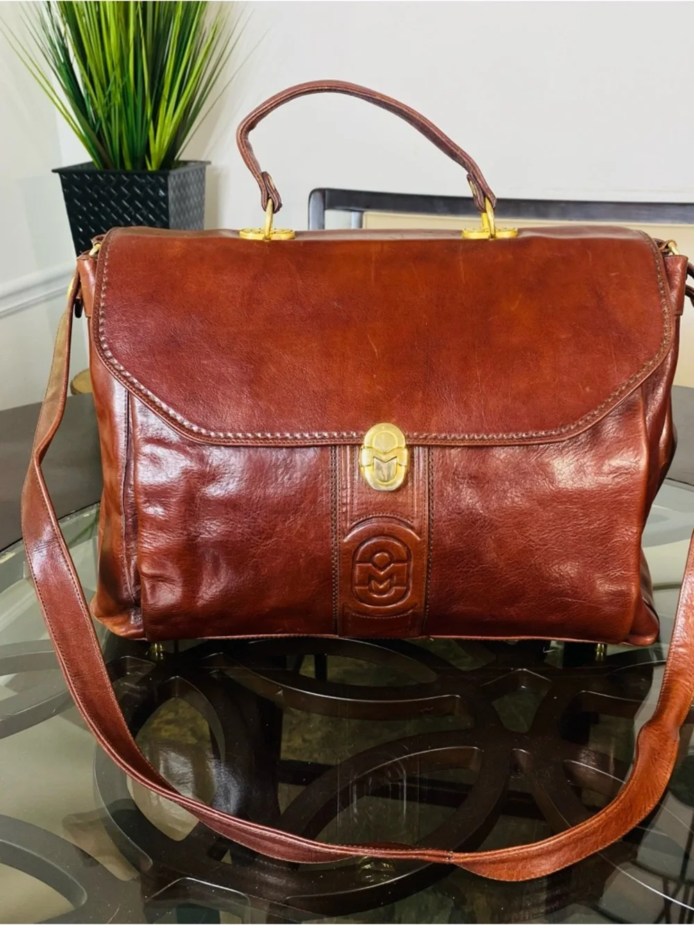 Vintage Marino Orlandi Brown Leather Satchel Bag - Made in Italy - Gold Hardware